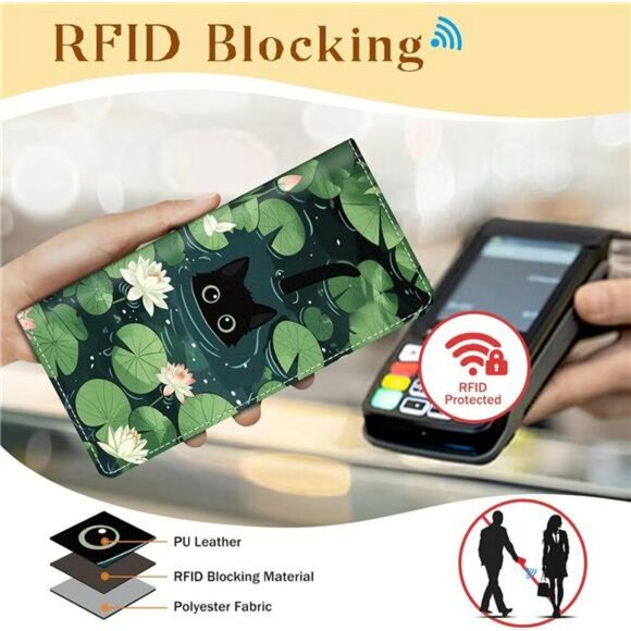 Slim Black Cat Wallet RFID Blocking PU Leather Bifold Card Cash Holder - Picture 4 of 7